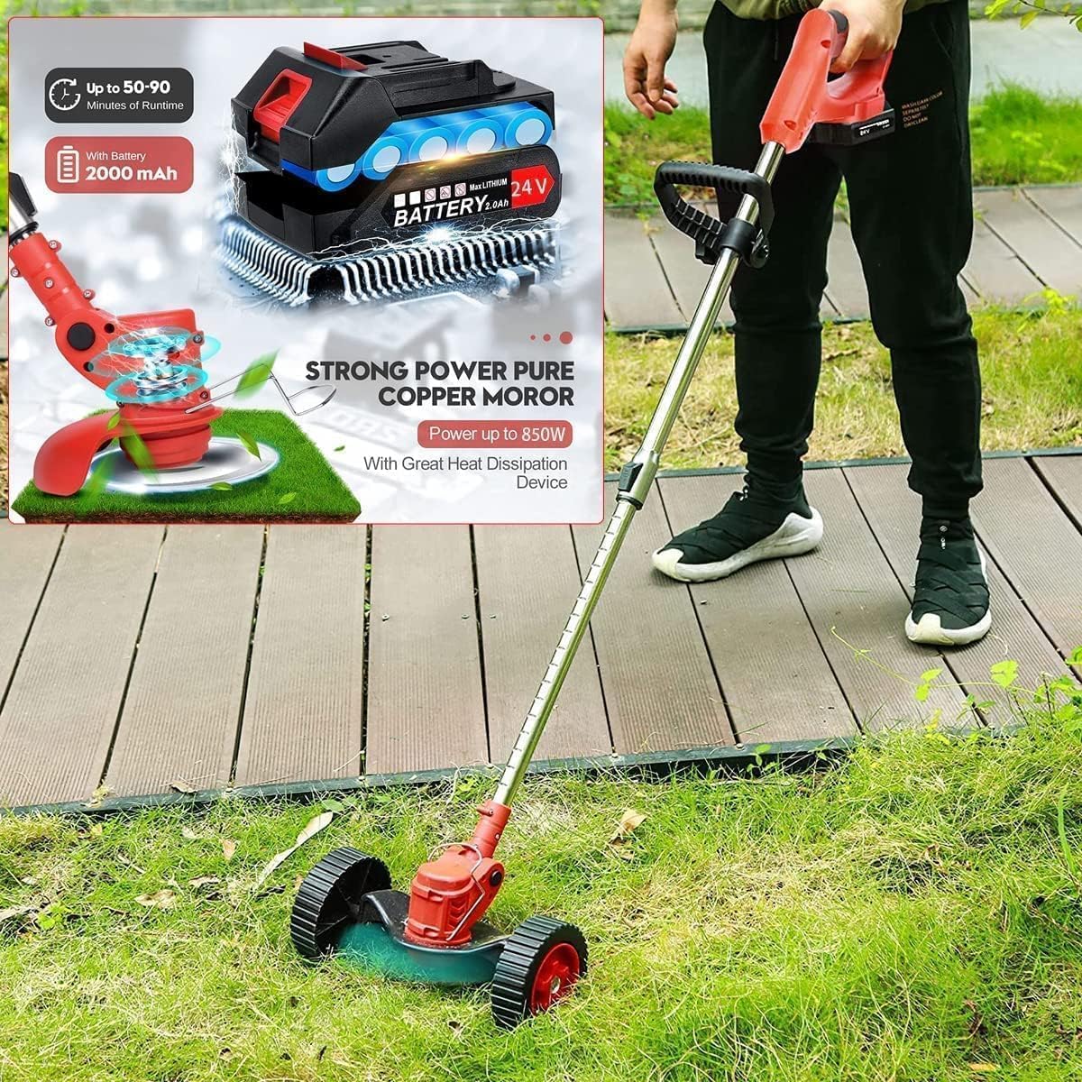 Electric Weed Wacker 3 in 1 Cordless Grass Trimmer 24v Weed Wacker Battery Operated Lightweight Weed Trimmer Brush Cutter with 2pcs Batteries and 3 Types Blades&Auxiliary Wheel for Garden